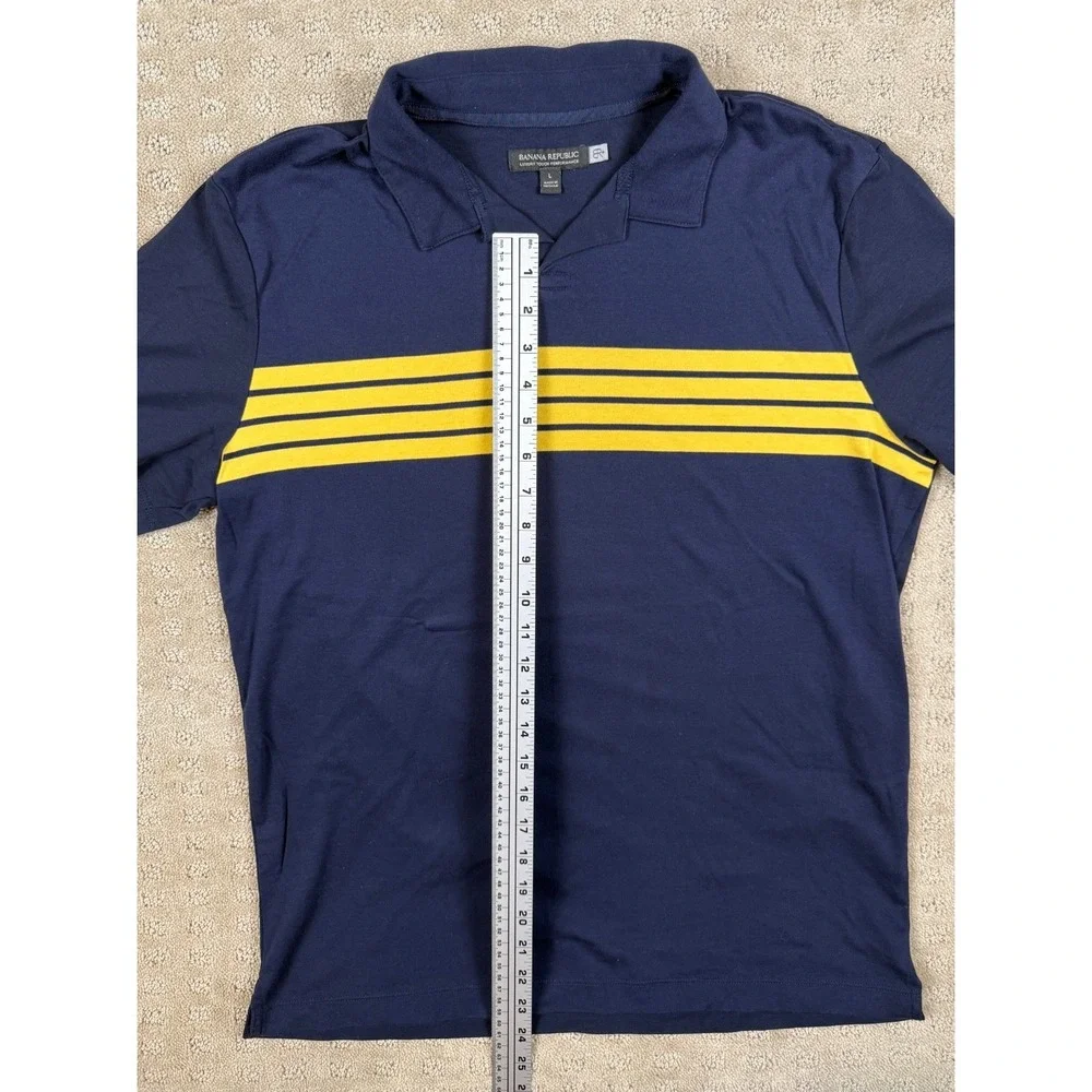 Mens Banana Republic Polo Golf Shirt Striped Navy Yellow Short Sleeve Sz L #1348
